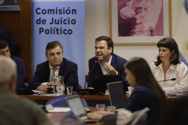 Omar de Marchi (Pro), Mario Negri (UCR), Juan Manuel López (CC) y Carolina Gaillard (Frente de Todos), durante audiencia por el juicio político a miembros de la Corte Suprema