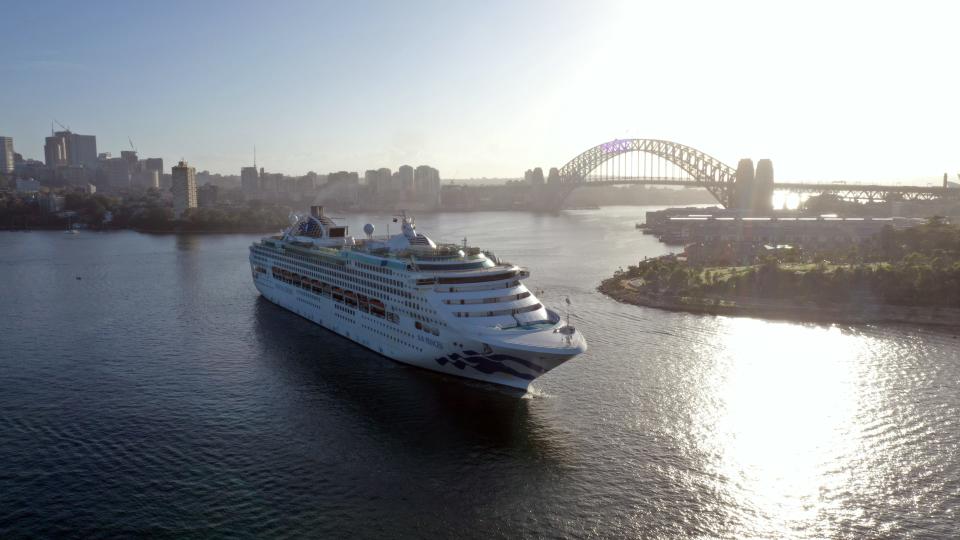 An aerial view of Princess Cruises' Sun Princess cruise ship arriving at White Bay Terminal on March 21, 2020 in Sydney, Australia.