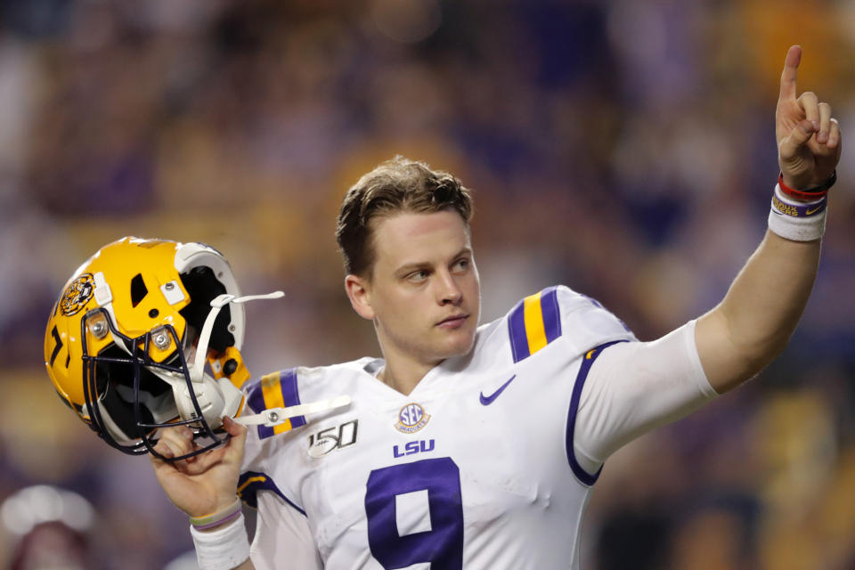 LSU QB Joe Burrow, who is considered a frontrunner for the Heisman Trophy, acknowledges the crowd as he is pulled from his last game in Tiger Stadium on Nov. 30. (AP)