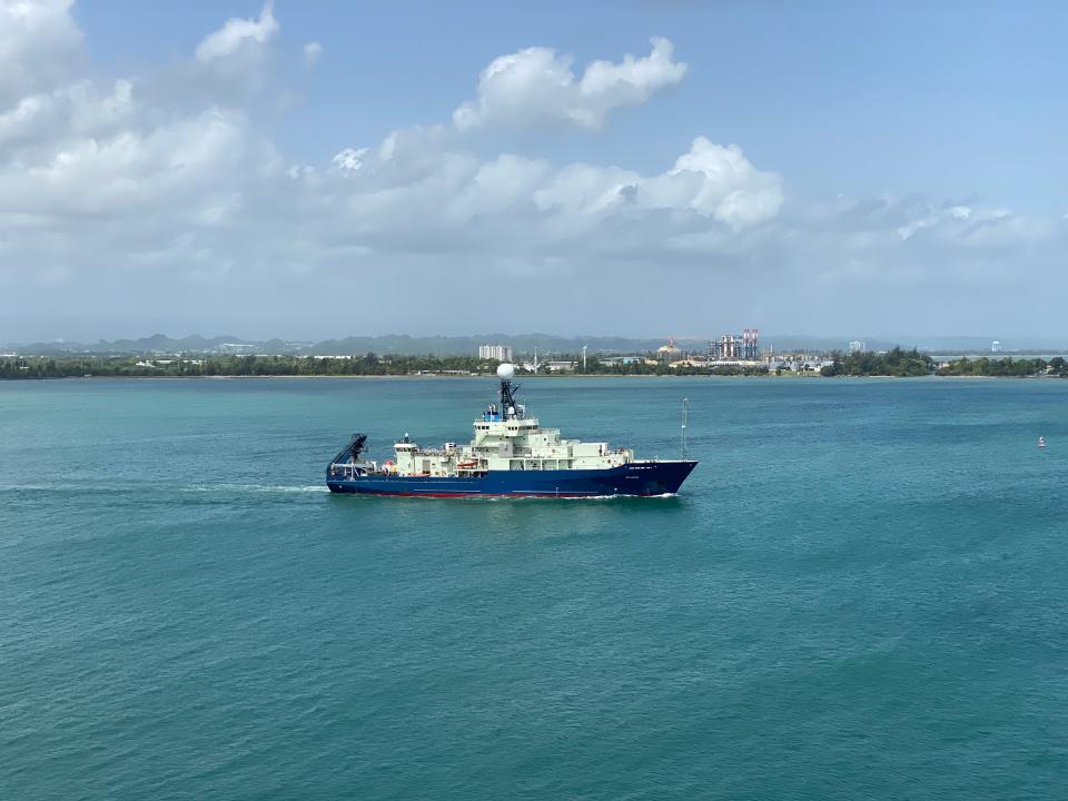 The research vessel Atlantis departs San Juan, Puerto Rico, in July at the start of Alvin’s science verification expedition.