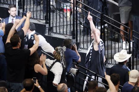 May 22, 2017; San Antonio, TX, USA; San Antonio Spurs shooting guard Manu Ginobili (20) leaves the court after game four of the Western conference finals of the NBA Playoffs at AT&T Center. Mandatory Credit: Soobum Im-USA TODAY Sports