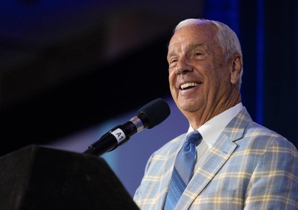 Former UNC Basketball coach Roy Williams speaks during the Charlotte Touchdown Club’s “Legends of the Game” Speaker Series Luncheon in Charlotte, N.C., on Friday, June 28, 2024.