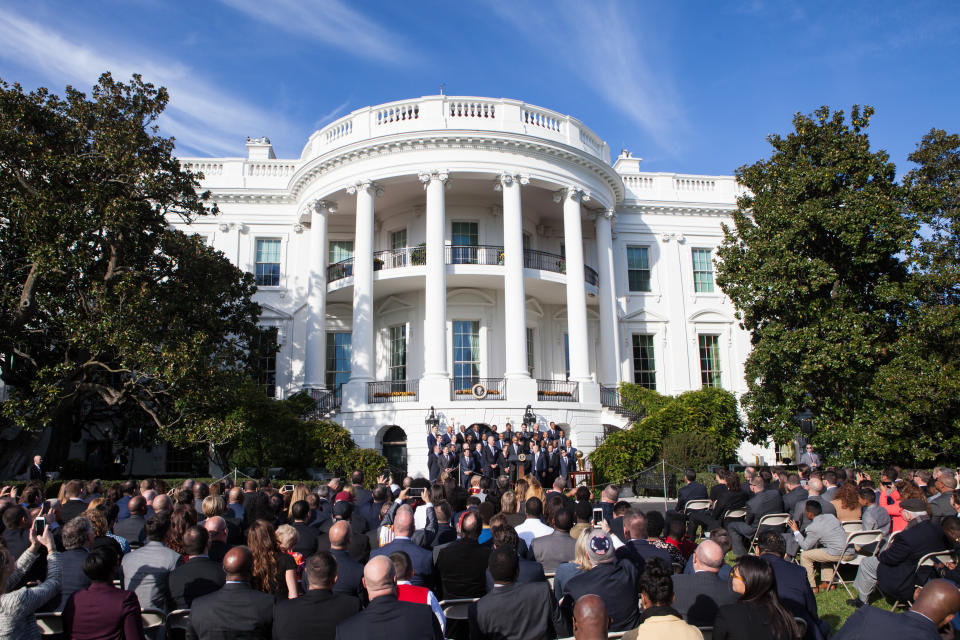 President Obama honored the 2016 NBA champion Cleveland Cavaliers, on the South Lawn of the White House in Washington, D.C., on Nov. 10, 2016. (Cheriss May/NurPhoto via Getty Images)