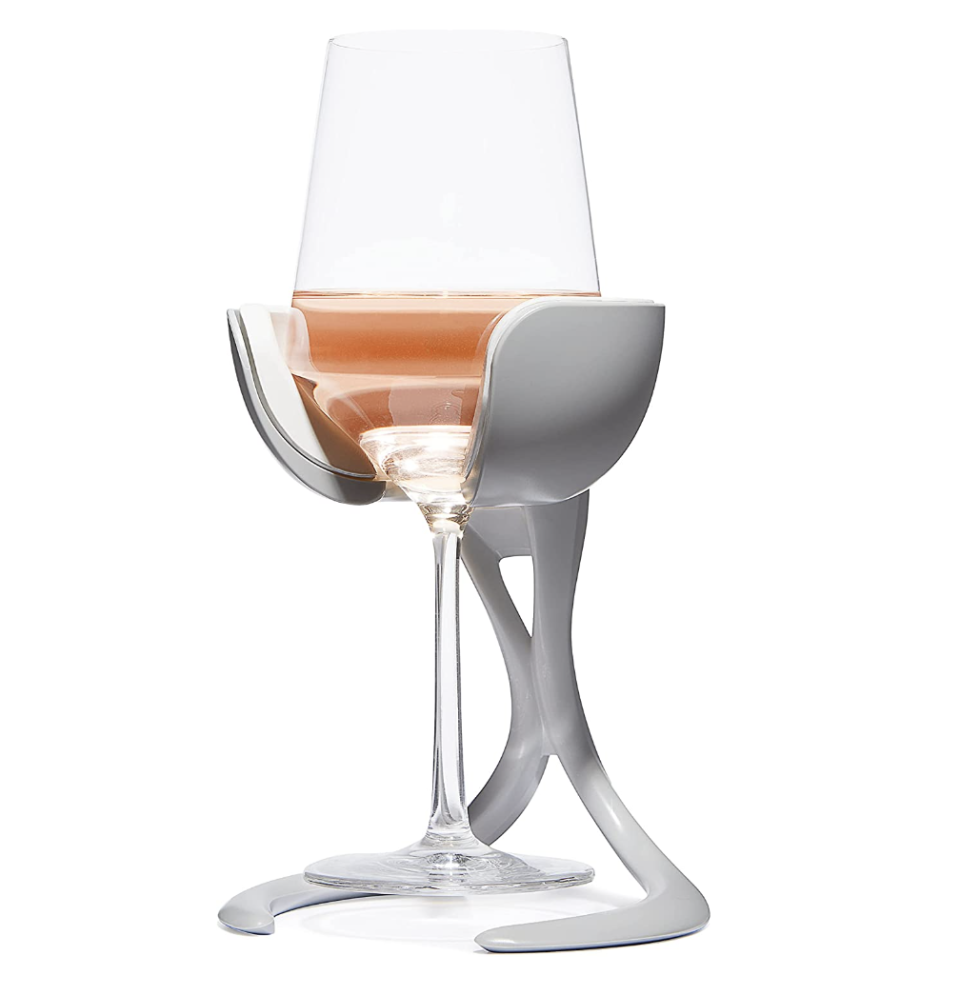 VoChill Wine Glass Chiller in white with glass of wine inside (Photo via Amazon)
