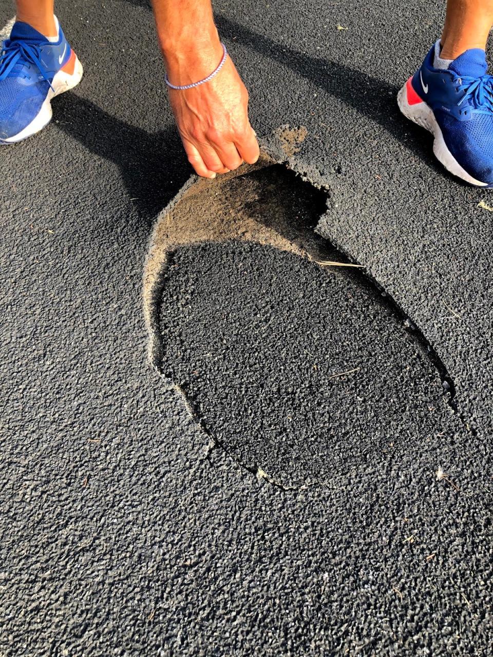 A hole in the track at Kennebunk High School is but one example of why RSU 21 is moving to renovate the KHS athletic complex.