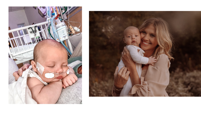 Baby with RSV in the hospital on oxygen, next to a photo of smiling mom holding a baby