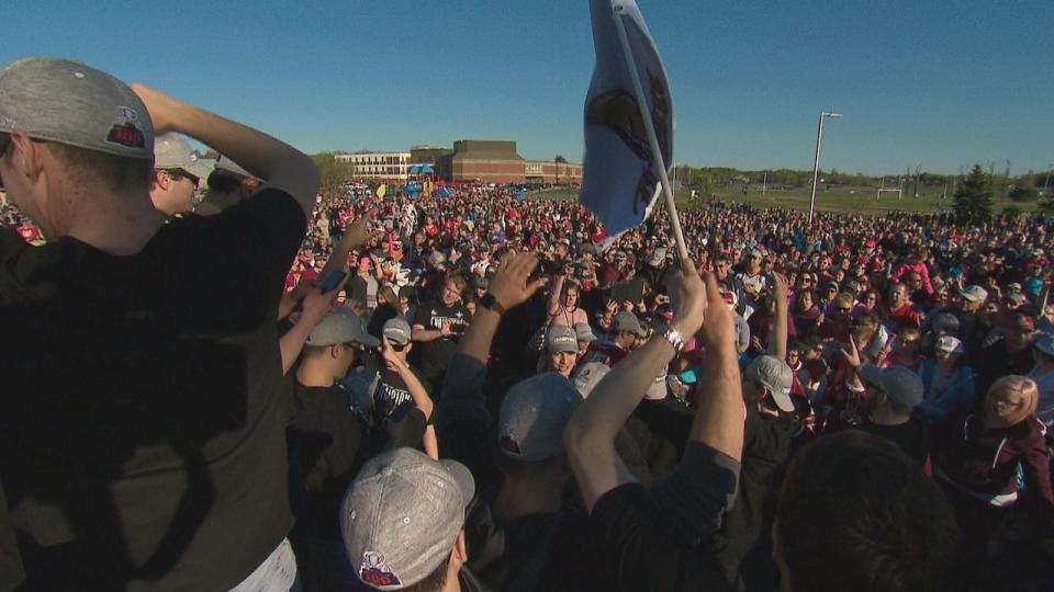 The crowd was a large. At least 5,000 people from the area lined the streets to celebrate with the Acadie-Bathurst Titan. 