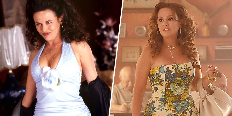 Gia Carides as Cousin Nikki in My Big Fat Greek Wedding in 2002 and in 2023. (Everett Collection, Focus Features)