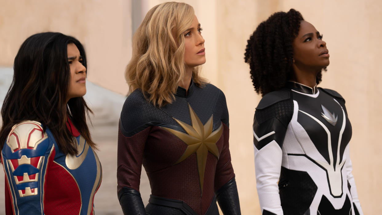  Iman Vellani as Ms. Marvel/Kamala Khan, Brie Larson as Captain Marvel/Carol Danvers, and Teyonah Parris as Captain Monica Rambeau in The Marvels. 