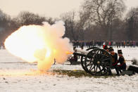 LONDON, ENGLAND - FEBRUARY 06: Members of the King's Troop Royal Horse Artillery fire a 41 gun salute in Hyde Park to mark the 60 anniversary of the accession of Her Majesty Queen Elizabeth II on February 6, 2012 in London, England. The 41 gun salute also signifies the official start to the celebrations for the Queen's Diamond Jubilee and comes after the King's Troop left their barracks in St John's Wood for the final time. The King's Troop Royal Horse Artillery will relocate from their North London barracks, where they have been based since their formation by King George VI in 1947, to a purpose-built equestrian site in Woolwich. (Photo by Oli Scarff/Getty Images)