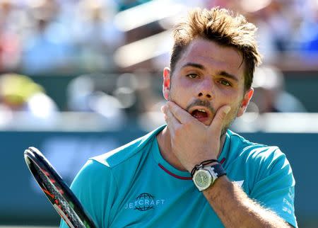 Mar 19, 2017; Indian Wells, CA, USA; Stan Wawrinka (SUI) in the men's final against Roger Federer (not pictured) in the BNP Paribas Open at the Indian Wells Tennis Garden. Mandatory Credit: Jayne Kamin-Oncea-USA TODAY Sports