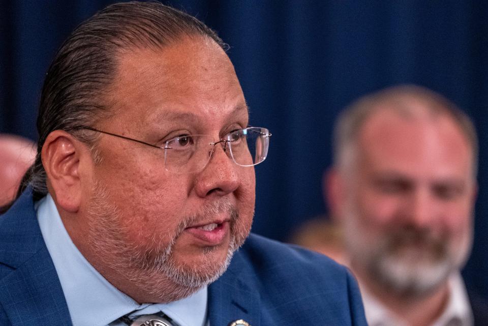 Gila River Indian Community Governor Stephen Roe Lewis speaks during a press conference discussing Colorado River conservation investments at the state Capitol in Phoenix on April 6, 2023.