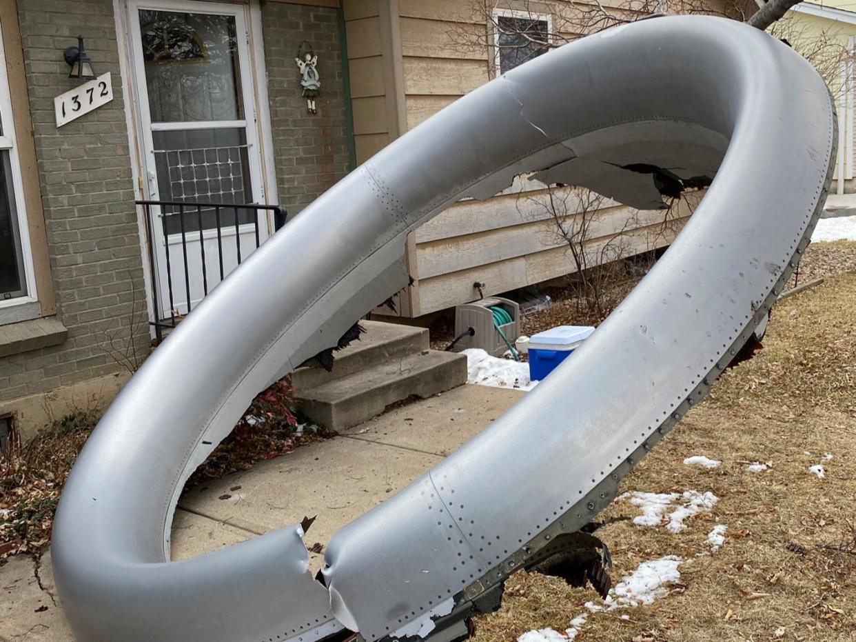 Circle trip: part of the engine from a United Airlines Boeing 777 in the suburb of Broomfield, Colorado (Broomfield Police Department)