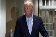 Democratic presidential candidate former Vice President Joe Biden speaks about the death of Supreme Court Justice Ruth Bader Ginsburg after he arrives at at New Castle Airport, in New Castle, Del., Friday, Sept. 18, 2020, as he returns from Duluth, Minn. (AP Photo/Carolyn Kaster)