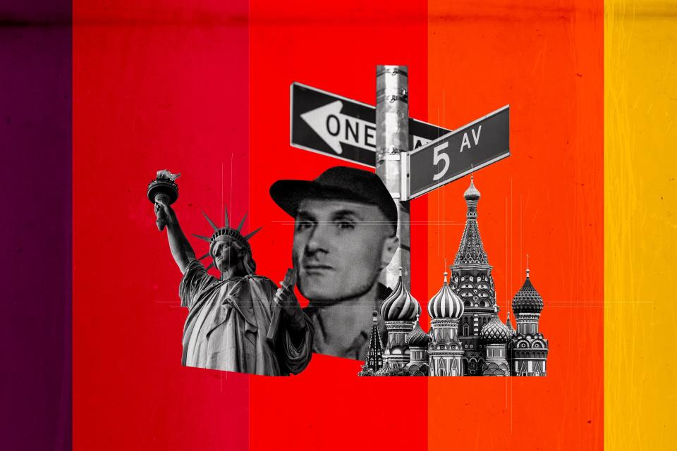 Black-and-white U.S. and Soviet collage imagery: a middle-aged white man in a flat-billed cap, the Statue of Liberty, a 10th Street sign, a Russian church with onion domes.