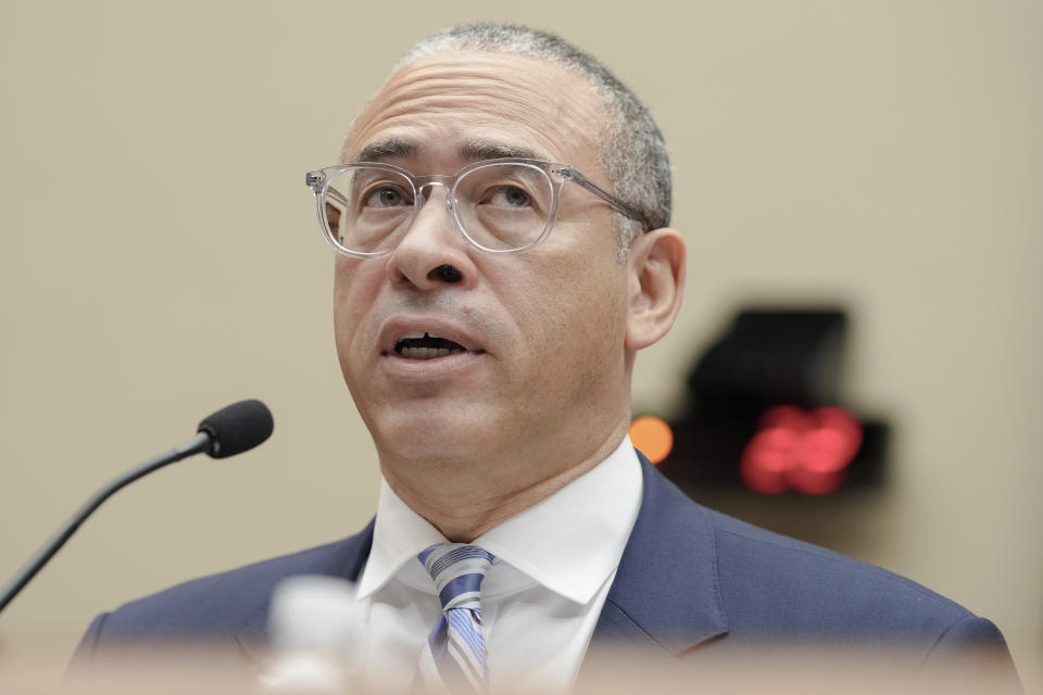 Rutgers University President Jonathan Holloway testifies during a hearing of the House Committee on Education and the Workforce regarding pro-Palestinian protests on college campuses on Capitol Hill, Thursday, May 23, 2024, in Washington. (AP Photo/Mariam Zuhaib)