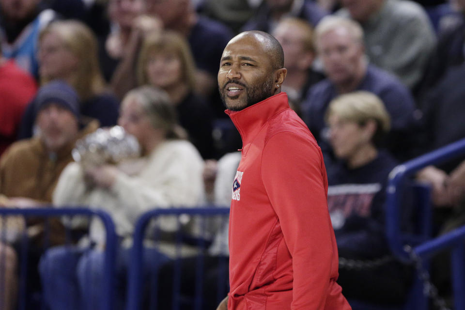 Jackson State head coach Mo Williams directs his team during the first half of an NCAA college basketball game against Gonzaga, Wednesday, Dec. 20, 2023, in Spokane, Wash. (AP Photo/Young Kwak)