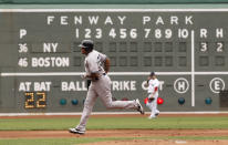 BOSTON, MA - JULY 7: Andruw Jones #22 of the New York Yankees rounds the bases after hitting a home run during the first inning of Game One of a doubleheader against the Boston Red Sox at Fenway Park on July 7, 2012 in Boston, Massachusetts. (Photo by Winslow Townson/Getty Images)