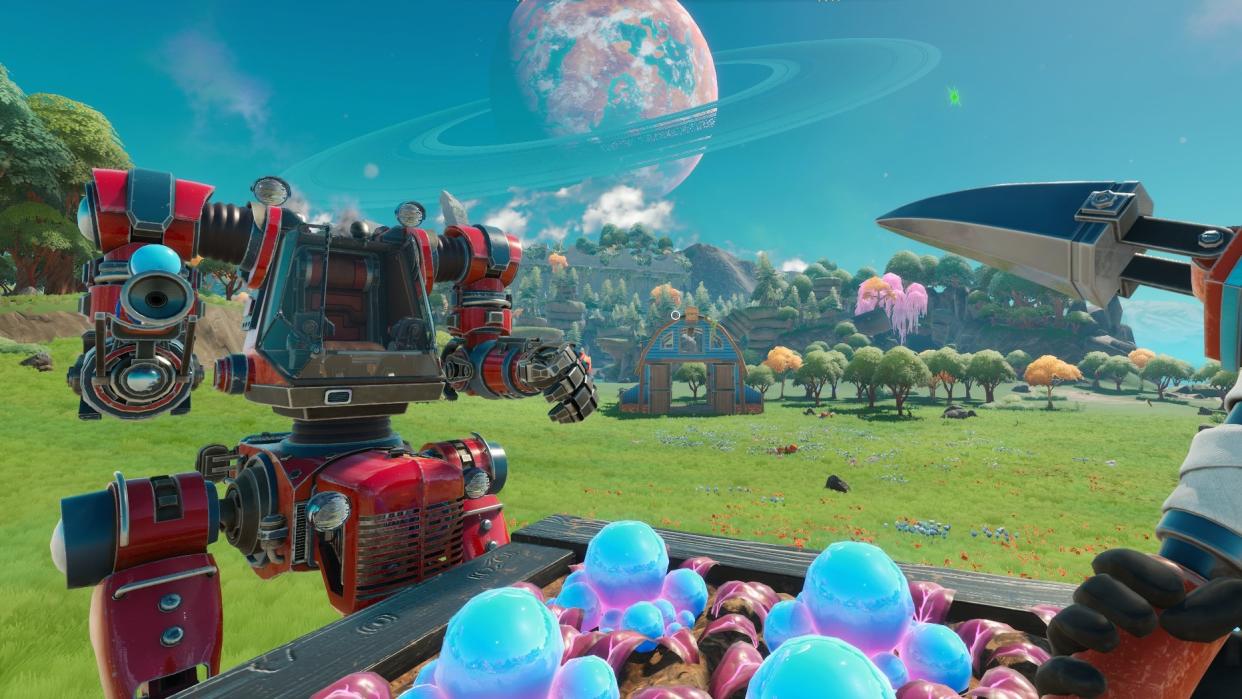  Lightyear Frontier - a players stands in a farm plot of berries near a red mech. 