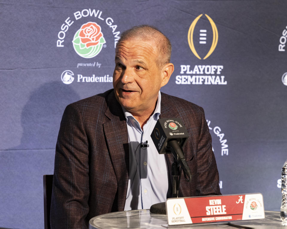 LOS ANGELES, CA - DECEMBER 29: University of Alabama Defensive coordinator Kevin Steele during a press conference prior to the Rose Bowl at the Sheraton Grand on December 29, 2023 in Los Angeles, California. (Photo by Steve Limentani/ISI Photos/Getty Images)