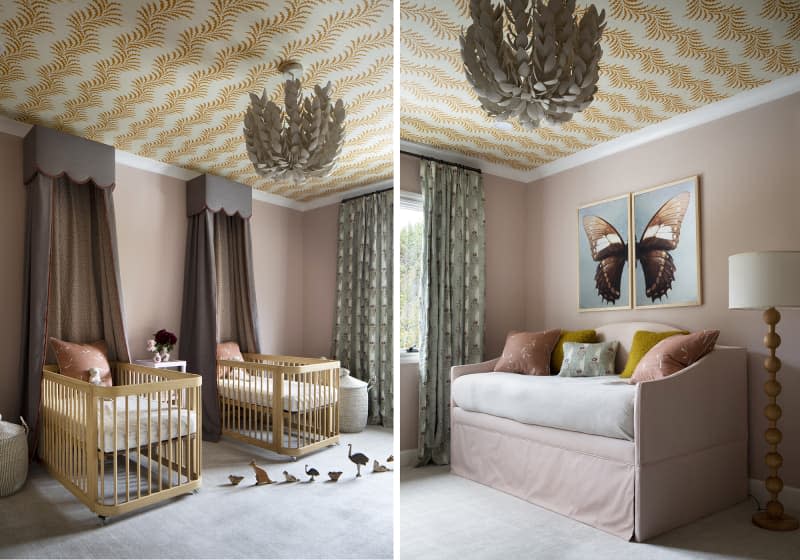 pink walls, yellow wheat squiggly wallpaper on ceiling, dark purple canopy curtains above matching wood cribs, small pink day bed, butterfly art, antique leaf chandelier