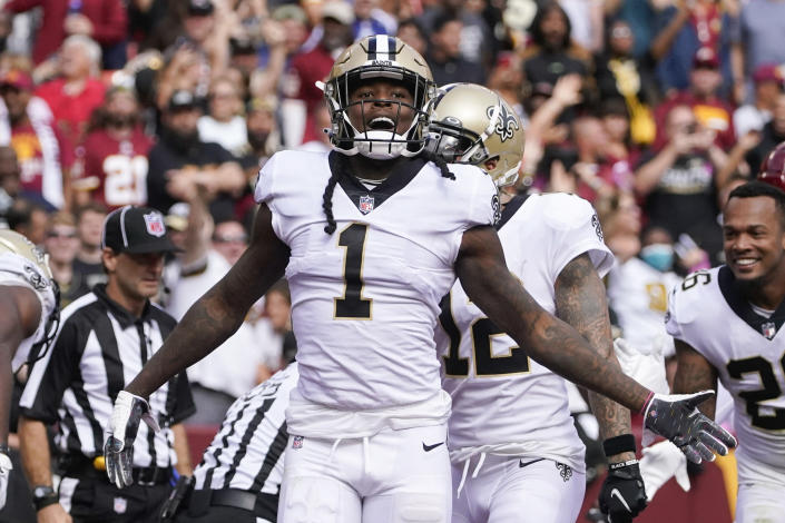 New Orleans Saints wide receiver Marquez Callaway (1) celebrates after making a touchdown catch in the first half of an NFL football game against the Washington Football Team, Sunday, Oct. 10, 2021, in Landover, Md. (AP Photo/Al Drago)