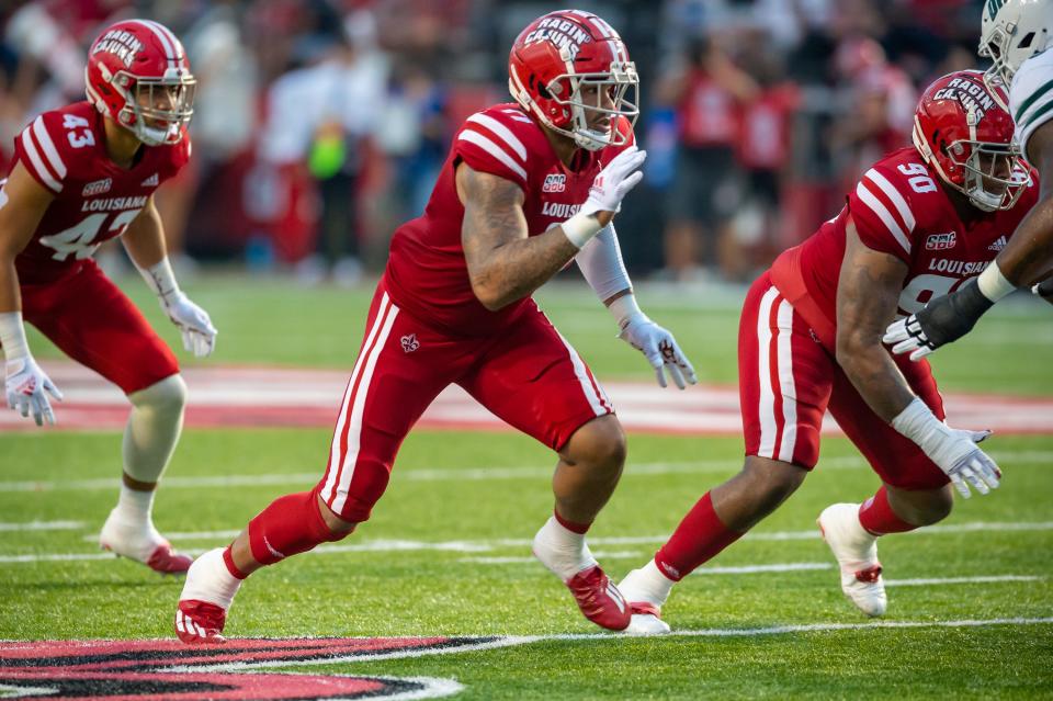 Chauncey Manac, shown during a 2021 win over Ohio at Cajun Field, is an NFL prospect who will play in Saturday's NFLPA Collegiate Bowl at the Rose Bowl in Pasadena, California.