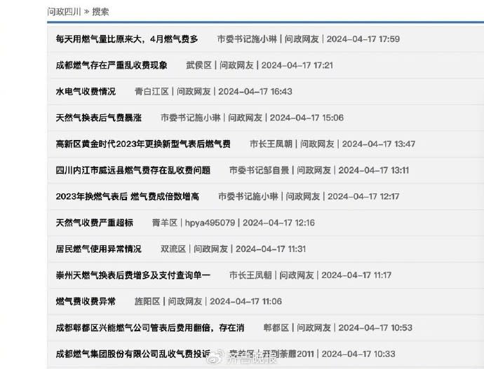 四川問政官網許多居民反映瓦斯燃氣費異常大增。翻攝微博