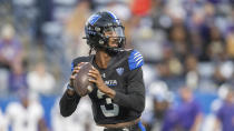 Georgia State quarterback Darren Grainger (3) looks to pass the ball against James Madison in the second half of an NCAA college football game Saturday, Nov. 4 2023, in Atlanta. (AP Photo/Hakim Wright Sr.)