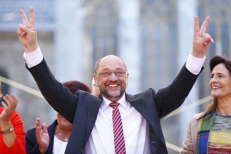 Social Democratic Party (SPD) Chancellor candidate Martin Schulz reacts during the final campaign rally in Aachen, Germany, September 23, 2017. REUTERS/Thilo Schmuelgen