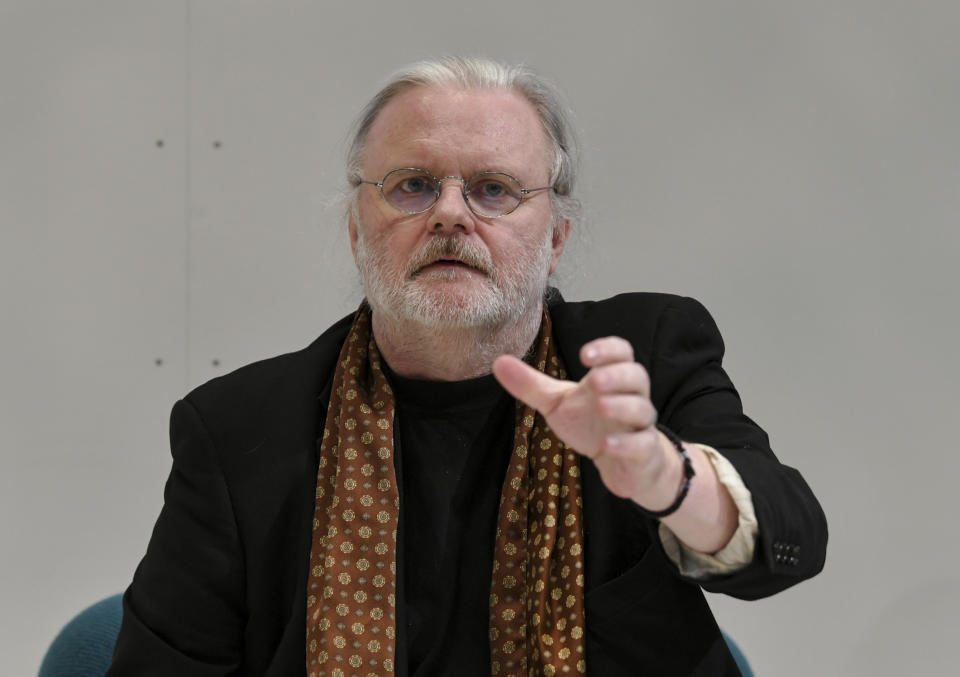 FILE - Norwegian author Jon Fosse speaks at the Frankfurt Book Fair, in Frankfurt, Germany, Oct. 16, 2019. The Nobel Prize in literature has been awarded to Norwegian author Jon Fosse. The permanent secretary of the Swedish Academy announced the prize Thursday, Oct. 5, 2023 in Stockholm. The academy says the prize is for Fosse's “his innovative plays and prose, which give voice to the unsayable.” (Jens Kalaene/dpa via AP, File)