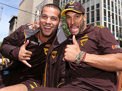  Lance Franklin (L) and Josh Gibson of the Hawks pose during the 2013 AFL Grand Final Parade on September 27, 2013 in Melbourne, Australia. Photo: GETTY