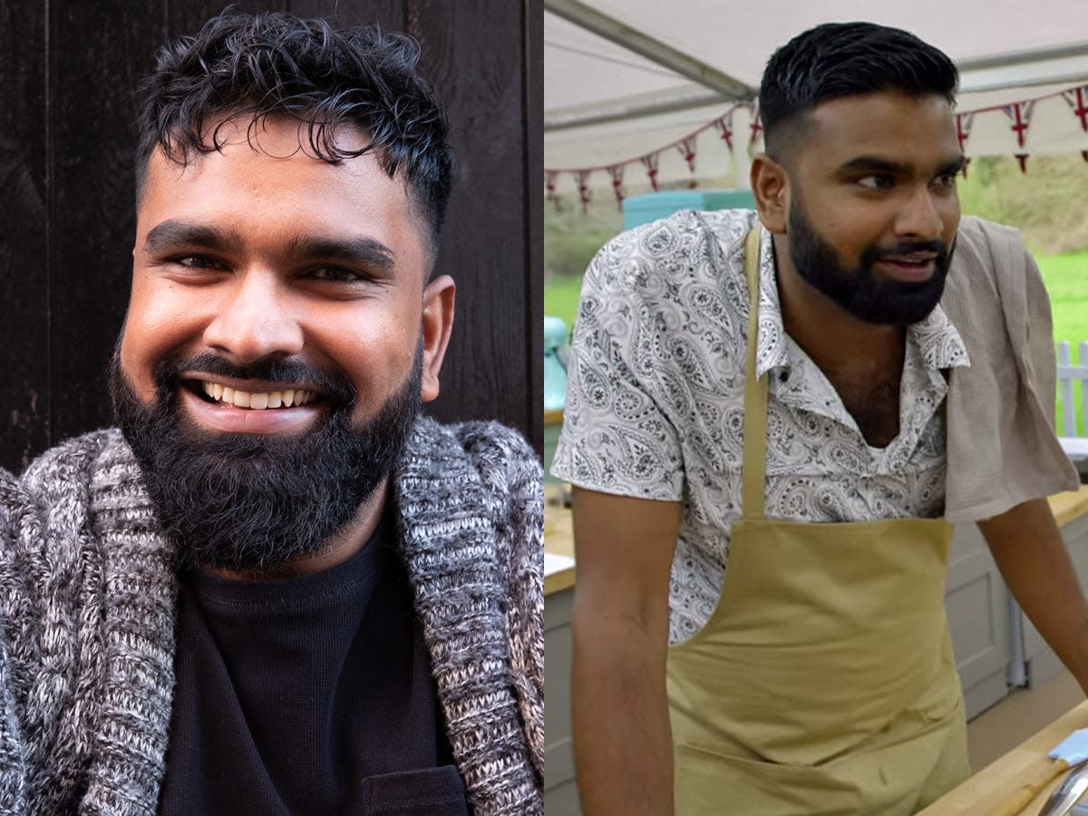 side by side photos of antony amourdoux posing for a headshot and competing on bake off