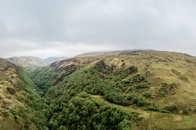 Aerial view of Glen Etive seen from the highland hills between Ardchattan and Barcaldine by Lochan Uaine and Na Maoilean, Argyll