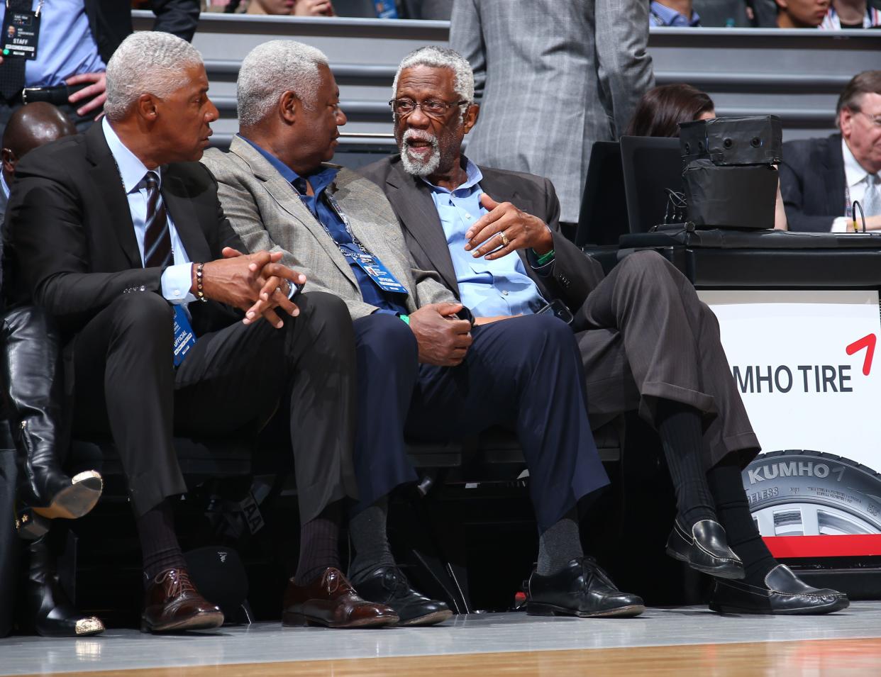 Julius Erving, Oscar Robertson and Bill Russell during the 2015 NBA All-Star Weekend at Barclays Center in Brooklyn.