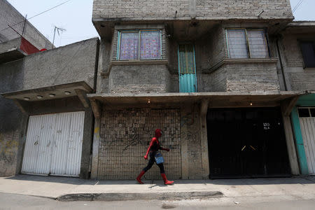 Moises Vazquez, 26, known as Spider-Moy, a computer science teaching assistant at the Faculty of Science of the National Autonomous University of Mexico (UNAM), who teaches dressed as a comic superhero Spider-Man, walks to work in Iztapalapa neighbourhood, in Mexico City, Mexico, May 27, 2016. REUTERS/Edgard Garrido