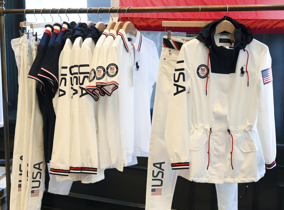 Team USA Tokyo Olympic closing ceremony uniforms are displayed during the unveiling at the Ralph Lauren SoHo Store on April 13, 2021, in New York. Ralph Lauren is an official outfitter of the U.S. Olympic Team. (Photo by Evan Agostini/Invision/AP)