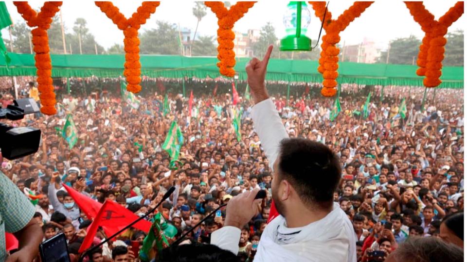 RJD leader Tejashwi Prasad Yadav during an election campaign rally ahead of Bihar assembly polls, at Masaurhi in Patna district, Wednesday, 21 October, 2020.