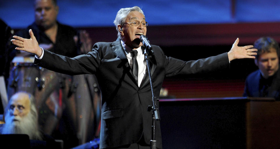 FILE - Caetano Veloso performs at the 13th Annual Latin Grammy Awards in Las Vegas on Nov. 15, 2012. Veloso's latest album "Meu Coco," releases on Friday. (Photo by Al Powers/Powers Imagery/Invision/AP, File)