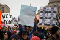 <p>Protesters march along the intersection of Independence Avenue and 14th Street during the Women’s March on Washington January 21, 2017 in Washington, DC. (Drew Angerer/Getty Images) </p>