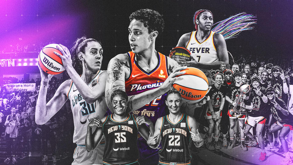 The top WNBA moments that fueled our fandom in 2023 included Brittney Griner's return to the court, the Las Vegas Aces and New York Liberty super-team battle and Aliyah Boston's Rookie of the Year brilliance. (Illustration by Taylor Wilhelm/Yahoo Sports)