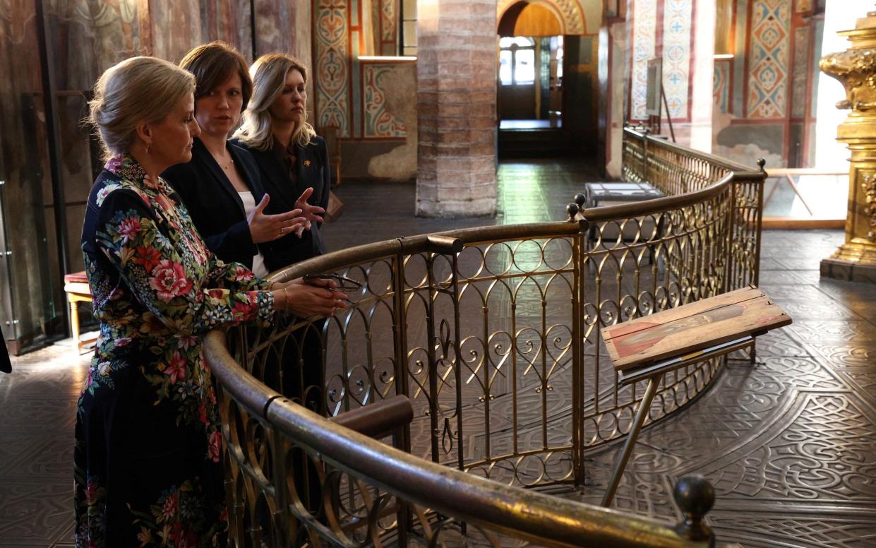 Duchess of Edinburgh Sophie (L) and the First Lady of Ukraine Olena Zelenska (R) visit the Saint Sophia Cathedral in Kyiv on April 29, 2024 amid the Russian invasion of Ukraine. The visit, to demonstrate solidarity with the women, men and children impacted by the war, is a continuation of her work to champion survivors of conflict related sexual violence.