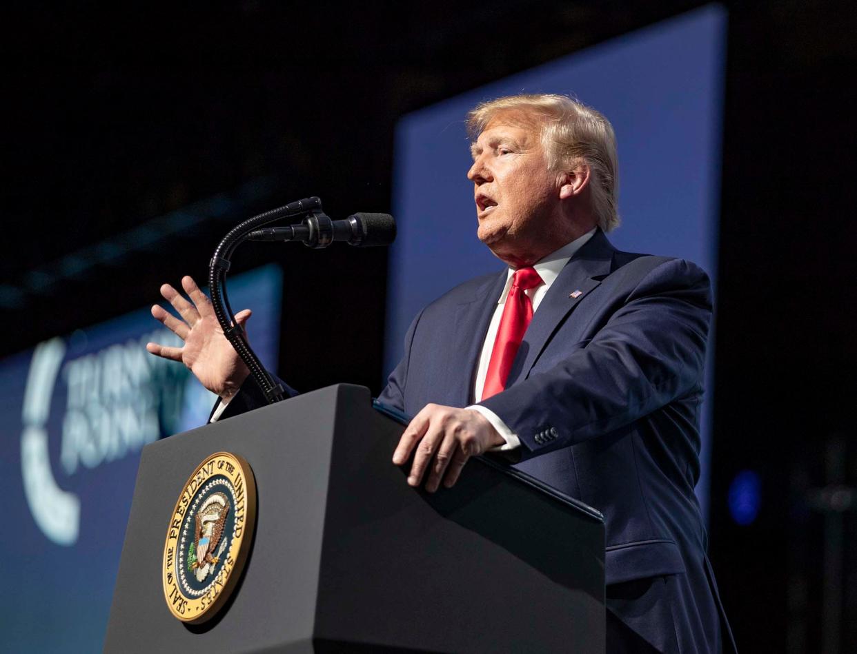 President Donald Trump delivers remarks at Turning Point USA Student Action Summit at the Palm Beach County Convention Center in West Palm Beach, Saturday, Dec. 21, 2019.  [ALLEN EYESTONE/palmbeachpost.com]