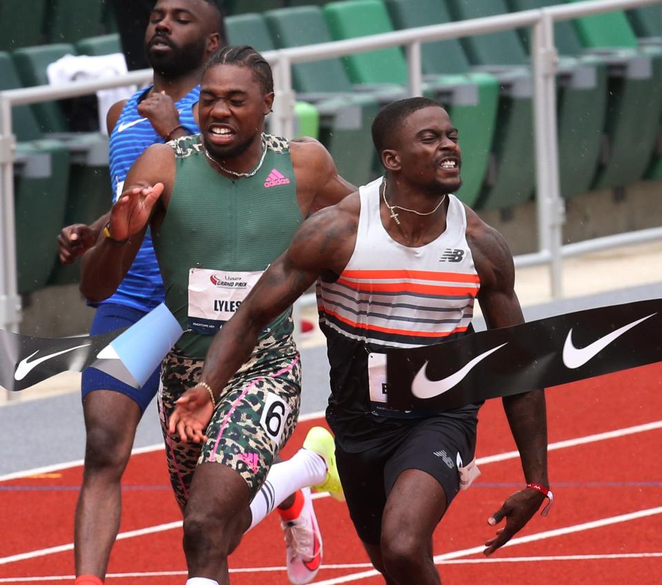 Trayvon Bromell, right, wins the Men’s 100 meters ahead of  Noah Lyles  the USATF Grand Prix at Hayward Field.