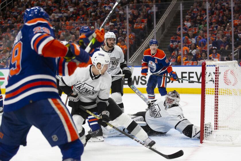 Leon Draisaitl of the Edmonton Oilers scores in front of Kings goaltender David Rittich during Game 5 of their series