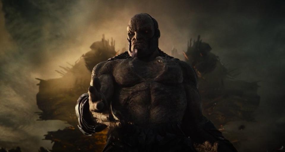 Darkseid standing on earth with his spaceship behind him in "Zack Snyder's Justice League"