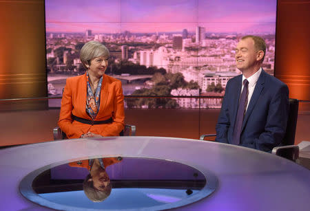 Britain's Prime Minister Theresa May and Tim Farron, the leader of the Liberal Democrats, attend the BBC's Marr Show in London, Britain April 30, 2017. Jeff Overs/BBC Handout via REUTERS