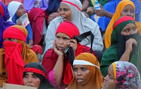 Protesters gather during a demonstration against Al-Shabaab militant group after last weekend's explosion in KM4 street in the Hodan district at the stadium Koonis in Mogadishu, Somalia October 18, 2017. REUTERS/Feisal Omar