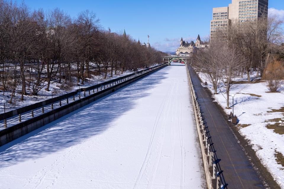 The Rideau Canal Skateway looking north from the Corktown Footbridge on Feb. 26, 2024, the day after the skateway as a whole closed for the season. This stretch never opened.