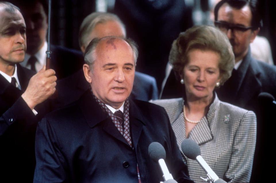 Soviet leader Mikhail Gorbachev speaking outside 10 Downing Street (Martin Keene/PA) (PA Archive)